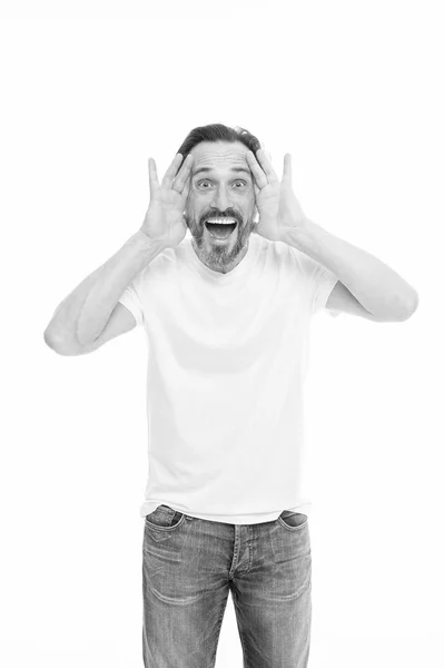 Man excited screaming to you. Mature charismatic speaker excited to inform. Public talk. Oratory concept. Can you hear him. Full of excitement. Happy emotional guy. Good news. Excited face expression — Stock Photo, Image