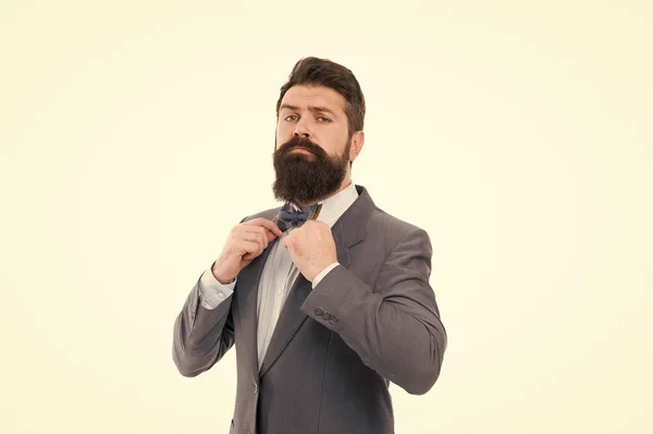 Formal outfit. Take good care of suit. Elegancy and male style. Fashion concept. Confident posture. Businessman or host fashionable outfit isolated white. Man bearded hipster wear classic suit outfit