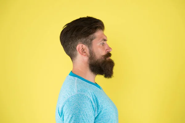 A barba está aqui para ficar. Hipster brutal com cabelo de barba texturizado em fundo amarelo. Homem barbudo com bigode elegante e forma de barba. Brutal caucasiano cara com barba no perfil — Fotografia de Stock