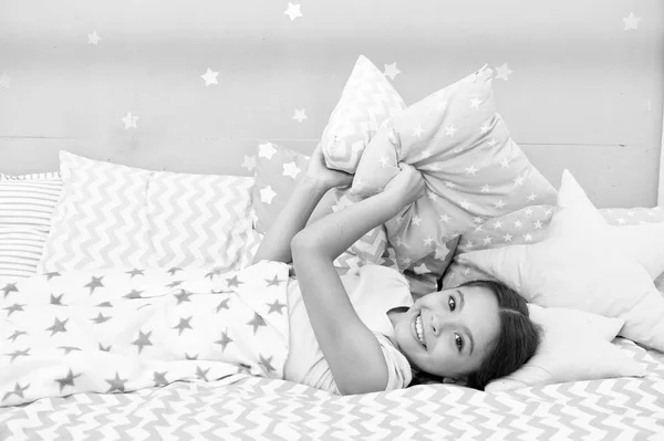 Fall asleep as fast as possible. Fall asleep faster and sleep better. Healthy sleep. Sweet dreams. Girl happy child lay bed pillow and blanket bedroom. Lullaby concept. Ways to fall asleep faster