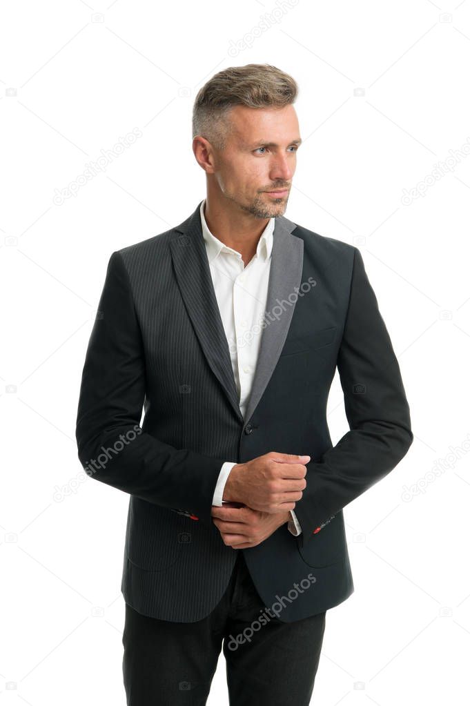 Rent suit service. Elegant outfit for event. Gentleman modern style barber. Barber shop concept. Guy well groomed handsome macho wear black tuxedo. Barber shop groom. Fashion clothes. Modern trend