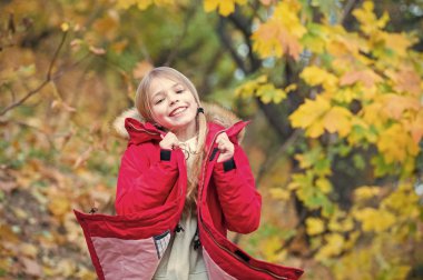 Sıcak ceketle çok rahat hissediyorum. Kız kat mutlu Sonbahar Doğa Parkı tadını çıkarın. Çocuk giyim moda ceket kukuleta ile. Giyim Sonbahar ve kavram moda. Çocuk sarı uzun saçlı sıcak ceket açık yürüyüş
