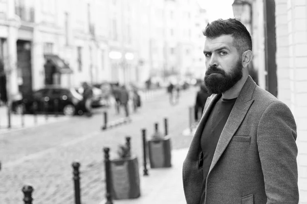 Business professional. Hipster in business style on street. Bearded man going to work. Business man in modern city. Professional businessman leading busy lifestyle. The beginning of working day — Stock Photo, Image