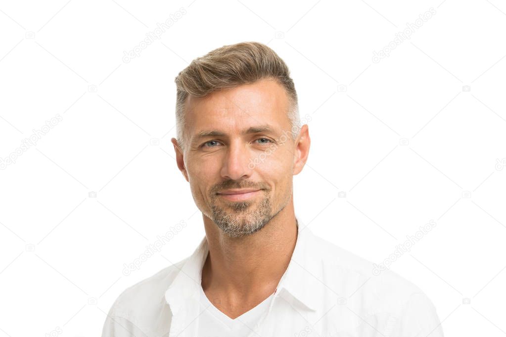 Deal with gray roots. Man attractive well groomed facial hair. Barber shop concept. Barber and hairdresser. Man mature good looking model. Silver hair shampoo. Anti ageing. Grizzle hair suits him