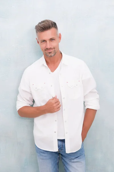 Fashion concept. Man model clothes shop. Mature man model. Feeling comfortable day by day. Menswear and fashionable clothing. Man looks handsome in casual shirt. Guy with bristle wear casual outfit — Stock Photo, Image