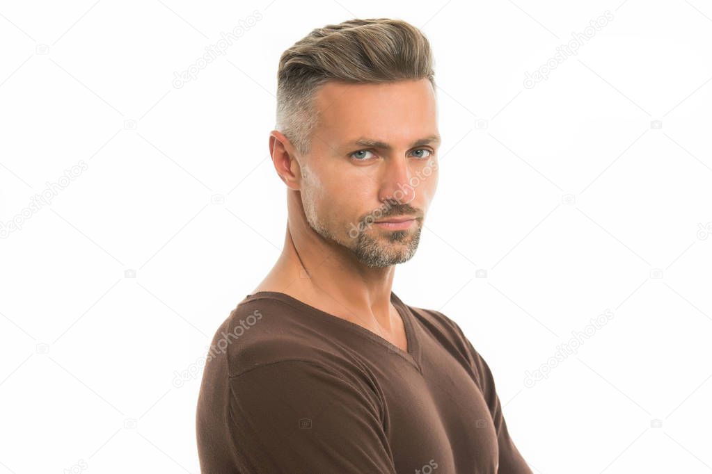 Silver hair shampoo. Anti ageing. Grizzle hair suits him. Deal with gray roots. Man attractive well groomed facial hair. Barber shop concept. Barber and hairdresser. Man mature good looking model