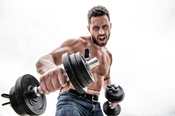 Équipement sportif. Parfait pack de six. corps athlétique. Gymnase d'haltères. fitness santé diète. homme sportif avec un torse ab fort. stéroïdes. Homme musclé faisant de l'exercice avec haltère. objectif et succès — Photo