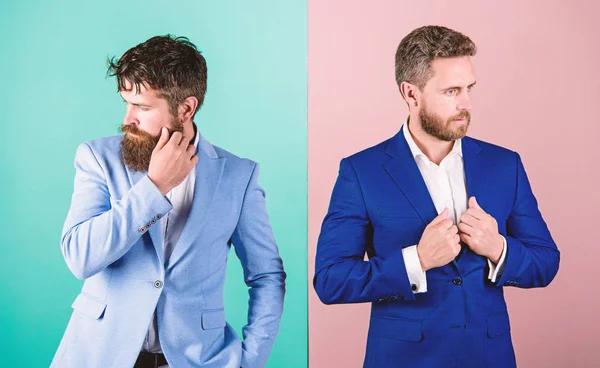 Business fashion luxury menswear. Formal outfit for manager. Businessman stylish appearance jacket pink blue background. Business people fashion and formal style. Business partners with bearded faces