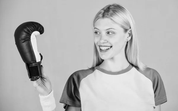 Cardio boxing exercises to lose weight. Girl learn how defend herself. Femininity and strength balance. Woman boxing gloves enjoy workout. Boxing sport concept. Woman exercising with boxing gloves — Stock Photo, Image