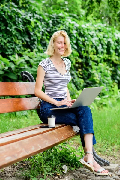 Reasons why you should take your work outside. Power of nature calls. Girl work with laptop in park. Natural environment office. Education concept. Notebook internet remote job. Work in park