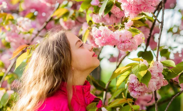 Menina pequena na flor de primavera. menina feliz em flor de cereja. Árvore Sakura a florescer. férias de verão. Beleza infantil. spa de cuidados com a pele. Cosméticos naturais de pele. cheiro a flor, alergia. Primavera — Fotografia de Stock