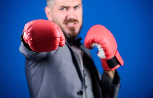 Nocaute e energia. Luta. homem de negócios em terno formal e gravata borboleta. Sucesso empresarial e desportivo. homem poderoso boxeador pronto para a batalha corporativa. Homem barbudo com luvas de boxe a socar. sem dor sem ganho — Fotografia de Stock