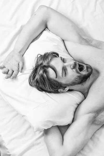 男ハンサムな男は、ベッドに横たわっていた。毎晩睡眠の適切な一貫した量を得る。良い睡眠に関するエキスパートのヒント。どのくらいの睡眠実際に必要です。顔リラックス枕で寝ている髭の男 — ストック写真