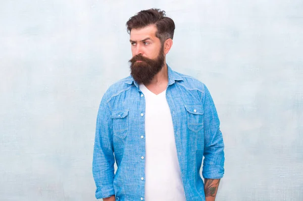 Un macho ben curato. Brutale uomo hipster bello su sfondo grigio muro. Uomo barbuto alla moda stile hipster. Mascolinità e concetto di bellezza maschile. Hipster con barba e baffi indossare camicia di jeans — Foto Stock