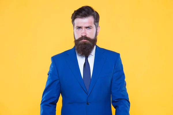 Barbearia e estilista de moda. Conceito de homem bonito. Porque vales a pena. Homem de negócios confiante e bonito barbudo num fato formal. Gosto do sucesso. bem sucedido bonito hipster top manager — Fotografia de Stock