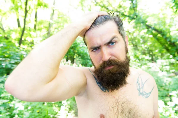 극단적 인 열. 남자 목마른 땀이 힙스터 숲에서 벌거 벗은. 여름 더위. 수염이 문신을 한 남자는 자연더운 여름 날에 휴식을 취합니다. 열 개념입니다. 힙스터 젖은 피부와 머리카락은 열을 견딜 수 있습니다. 베케이션 리조트 — 스톡 사진