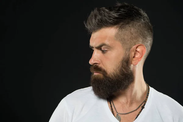 His beard is styled appropriately. Brutal hipster with textured beard hair on black background. Bearded man with stylish mustache and beard shape. Caucasian guy with beard in profile, copy space