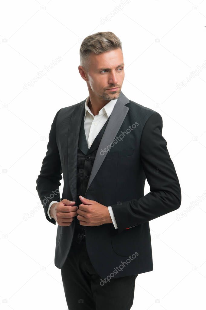 Tailored suit. Rent suit service. Elegant outfit. Gentleman fashion style. Menswear concept. Guy well groomed handsome macho wear black tuxedo. Groom fashion trend. Fashion clothes. Modern trend