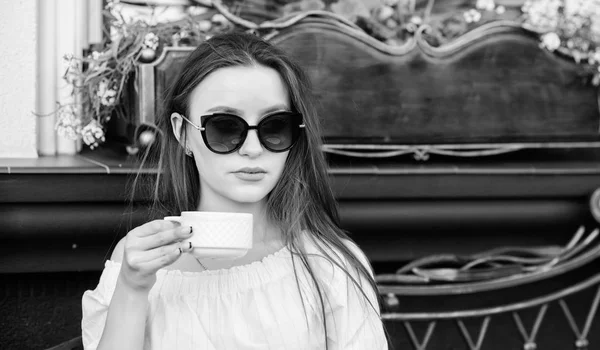 summer fashion beauty. Meeting in cafe. good morning. Breakfast time. morning coffee. Waiting for date. stylish woman in glasses drink coffee. girl relax in cafe. Business lunch. Morning inspiration