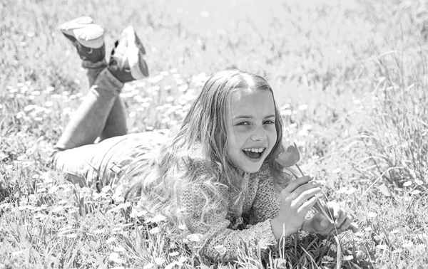 Sensibilitätskonzept. Kinder genießen den sonnigen Frühlingstag auf der Wiese mit Gänseblümchen. Mädchen auf lächelndem Gesicht hält rote Tulpenblume, riecht Aroma. Mädchen auf Gras liegend, Grasplot im Hintergrund — Stockfoto