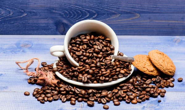 카페인 개념. 카페 음료 메뉴. 귀리 쿠키와 커피 휴식. 신선한 볶은 커피 콩. 영감과 에너지 충전을 위한 음료. 컵 풀 커피 브라운 볶은 콩 블루 나무 배경 — 스톡 사진
