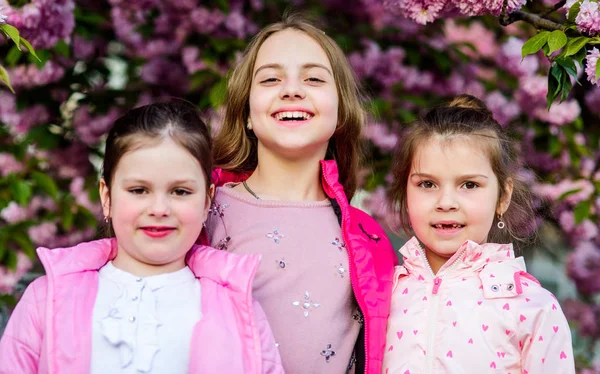 Rose notre préféré. Jardin de printemps pour enfants. Le jardin Sakura. Sœurs amis sakura arbres fond. Enfants fleurs roses de sakura arbre. Fleurs fleur tendre. Les enfants apprécient la fleur de cerisier. Véritable amitié — Photo