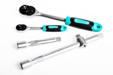 soket anahtarı. mükemmel araç kiti. Krom Vanadyum Çelik. metallized düzeltme ekipmanları. beyaz arka planda izole edilmiş soket anahtarı. metal işleme el aleti