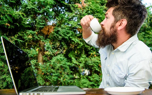 perfect deal. brutal bearded hipster at coffee break. agile business. Business success. office worker. Successful businessman. happy man working on laptop. Great job. Good deal