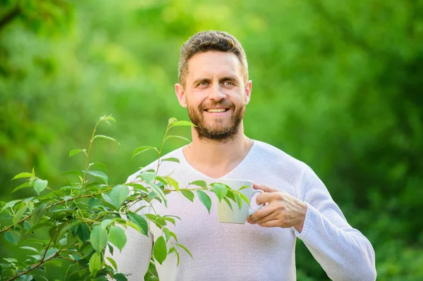ecological life for man. man in green forest. morning coffee. healthy lifestyle. nature and health. happy man with cup of tea. breakfast refreshment time. drink tea outdoor. Morning inspiration