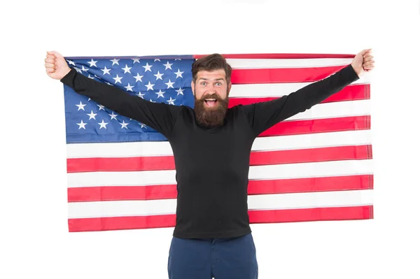 Conceito de independência. Crescimento da carreira. O homem segura a bandeira americana. Oportunidades rurais. Feriado nacional. O tipo barbudo do Hipster celebra o dia da independência. Cidadão orgulhoso celebra independência 4 de julho — Fotografia de Stock