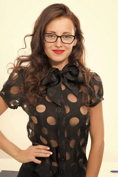 Fashion and beauty. Sexy businesswoman. Pretty school teacher or student. Back to school. Girl with red lips in glasses. Business school coach. Dress code. Confidence and charisma. Ready to study