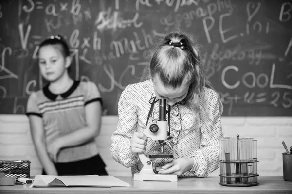 Σχολικές τάξεις. Κορίτσια μελέτη της χημείας στο σχολείο. Βιολογία και χημεία μαθήματα. Θεωρία και πρακτική. Παρατηρήστε τις χημικές αντιδράσεις. Τυπικής εκπαίδευσης σχολείο. Εκπαιδευτικό πείραμα. Επιστροφή στο σχολείο — Φωτογραφία Αρχείου
