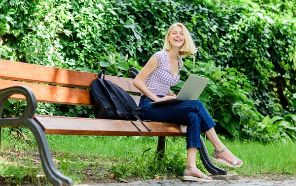 Digital world. happy woman work on laptop. business communication. coffee break at business lunch. modern business woman work outdoor. agile business. Pretty woman