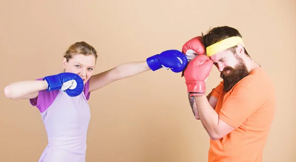 Family battle. Man and woman in boxing gloves. Boxing sport concept. Couple girl and hipster practicing boxing. Sport for everyone. Amateur boxing club. Equal possibilities. Strength and power — Stock Photo, Image