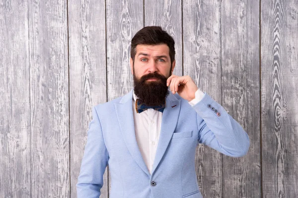 Beard and mustache. Barber shop concept. Barber shop offer range of packages for groom make his big day unforgettable. Guy well groomed handsome bearded hipster wear tuxedo. Gentleman style barber — Stock Photo, Image