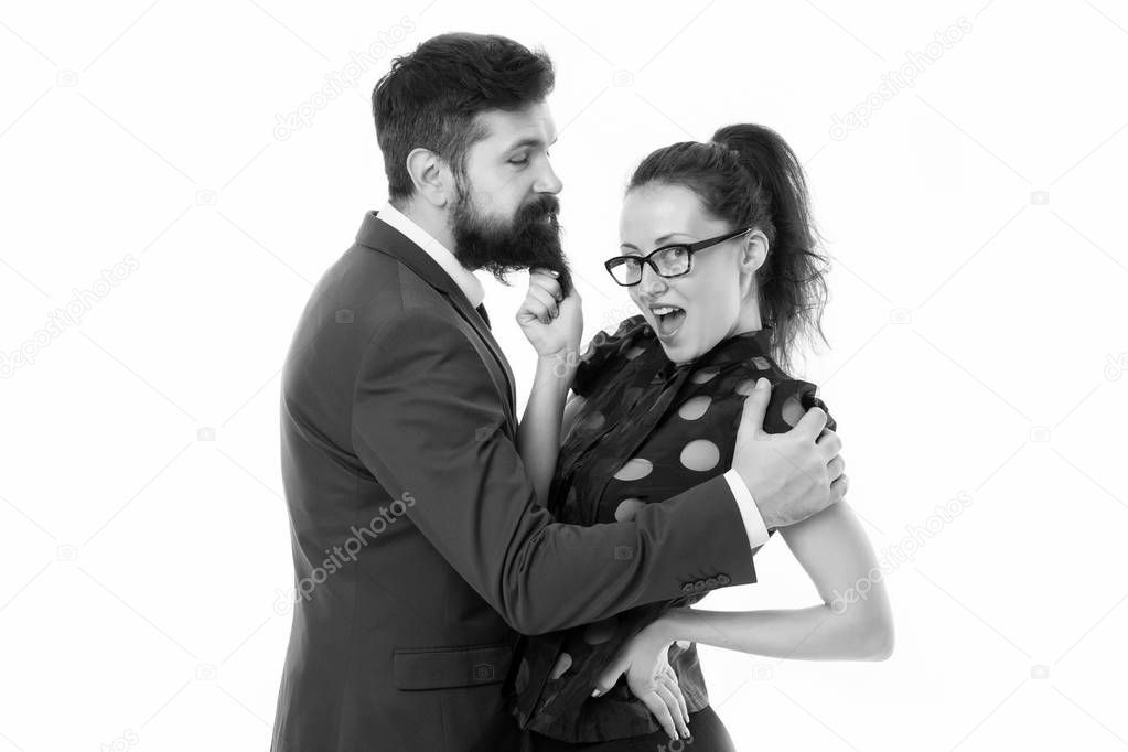 She knows how achieve success. Nothing personal just business. Colleagues man with beard and pretty woman on white background. Business leadership and cooperation balance. Tricky business concept