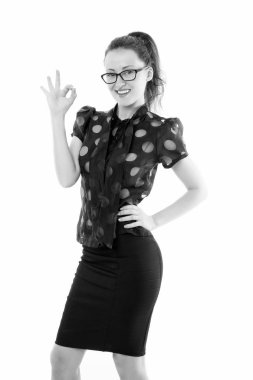 İyimser ruh hali. İş Bayan akıllı Ofis Müdürü. Kız giyim resmi elbise beyaz arka plan. Kadın iş kavramı. Kendine güvenen iş Yöneticisi. Kadın gözlük çekici öğretmen veya öğretim üyesi