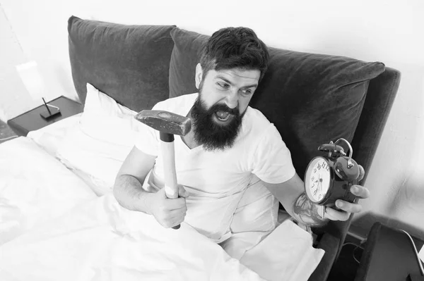 Overslept again. Tips for waking up early. Tips for becoming an early riser. Man bearded hipster sleepy face in bed with alarm clock. Problem with early morning awakening. Get up with alarm clock