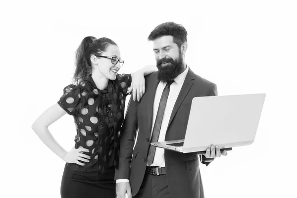 successful teamwork. Successful team of bearded man and sexy woman. Results and teamwork. Collaboration is a key to best results. Successful team at work. collaboration. successful business meeting