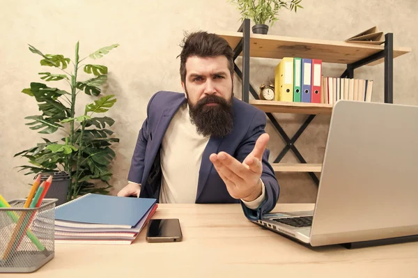 We hiring you. Man bearded recruiter sit office. Job interview concept. Answer interview questions. Tell me about yourself. Leave lasting impression. Successful job interview. Making offer candidate — Stock Photo, Image