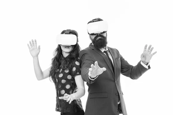 Modern software for business. Just imagine. Business implement modern technology. Couple colleagues wear hmd explore virtual reality. Business partners interact in virtual reality. New opportunity