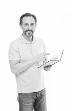 Asla çok geç çalışma. Adam olgun tutun izole kitap beyaz arka plan sakallı. Yararlı bilgiler. Kendi eğitim. Ana sayfa eğitim ve kendini geliştirme. Yetişkin eğitimi. Güven ve istihbarat