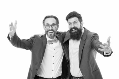 Tebrikler. Modern iş adamları. pazarlama kavramı. Resmi iş adamları. Erkek iş ofiste. mutlu sakallı adamlar. pazarlama stratejisi. Kendine güvenen erkekler acımasız. İş pazarlama. pazarlama planı