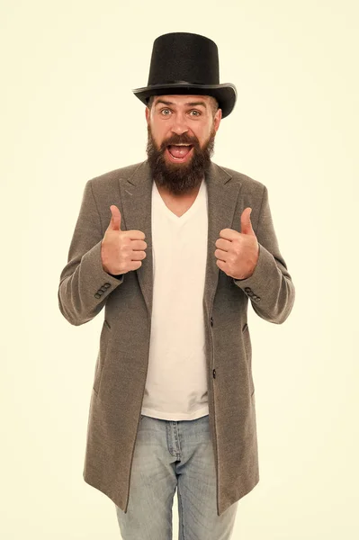 Magician trick performance concept. Circus magic trick performance. Magician circus worker. Man bearded guy cheerful face solve problem as magician. Magician character. Want some magic trick — Stock Photo, Image