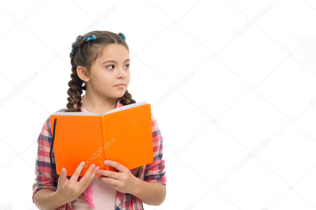 pupil with work book. back to school. literature and writing lesson. study homework. copy space. schoolgirl with notebook isolated on white. do homework. learning language. reading interesting story
