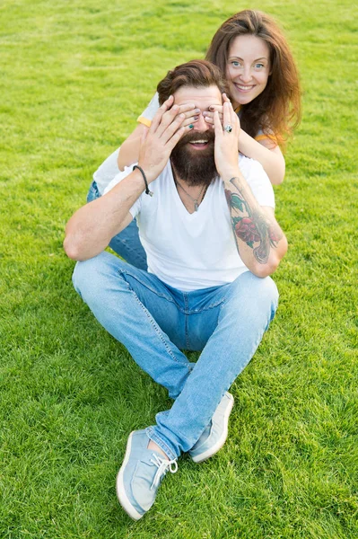 Soulmates closest people. Couple spend time in nature. Lovely couple outdoors. Simple happiness. Couple in love relaxing on green lawn. Playful girlfriend and boyfriend dating. Couple relations goals