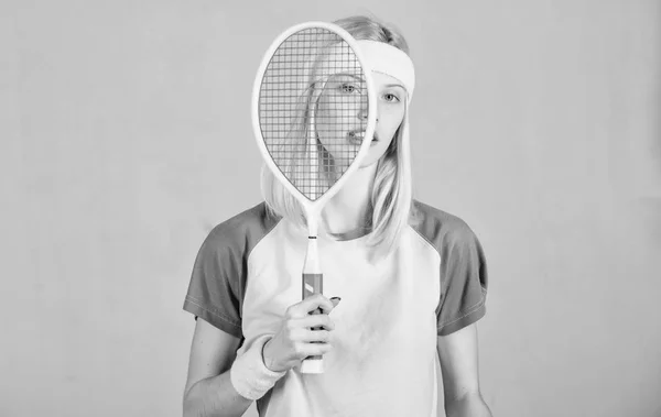 Start play game. Sport for maintaining health. Athlete hold tennis racket in hand. Tennis club concept. Tennis sport and entertainment. Active leisure and hobby. Girl adorable blonde play tennis