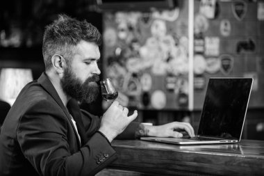 İşadamı Internet sörf içki alkol. Adam işadamı bar counter dizüstü konyak sakallı. Hipster freelancer iş online içme konyak. Çok iyi başarılı işadamı sakin ol. Başarı kutlamak