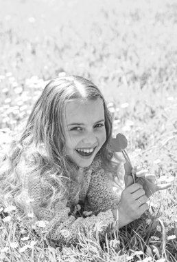 Duyarlılık kavramı. Çimen, grassplot arka plan üzerinde yatan kız. Yüz gülümseyerek kıza kırmızı lale çiçek tutan, aroma burnunu çekmek. Çocuk zevk çayır papatya çiçekleri ile yatarken bahar güneşli gün