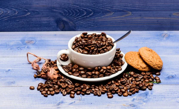 카페 음료 메뉴. 아라비카 로부스타 커피 다양한. 영감과 에너지 충전을 위한 음료. 컵 풀 커피 브라운 볶은 콩 블루 나무 배경입니다. 신선한 볶은 커피 콩. 카페인 개념 — 스톡 사진